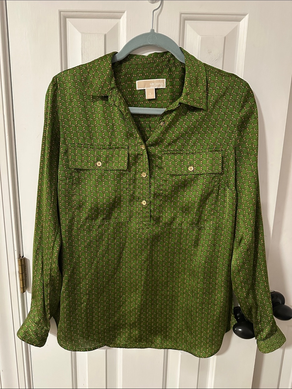 Michael Kors Green Printed Button-Up Shirt Link Print Size Small S